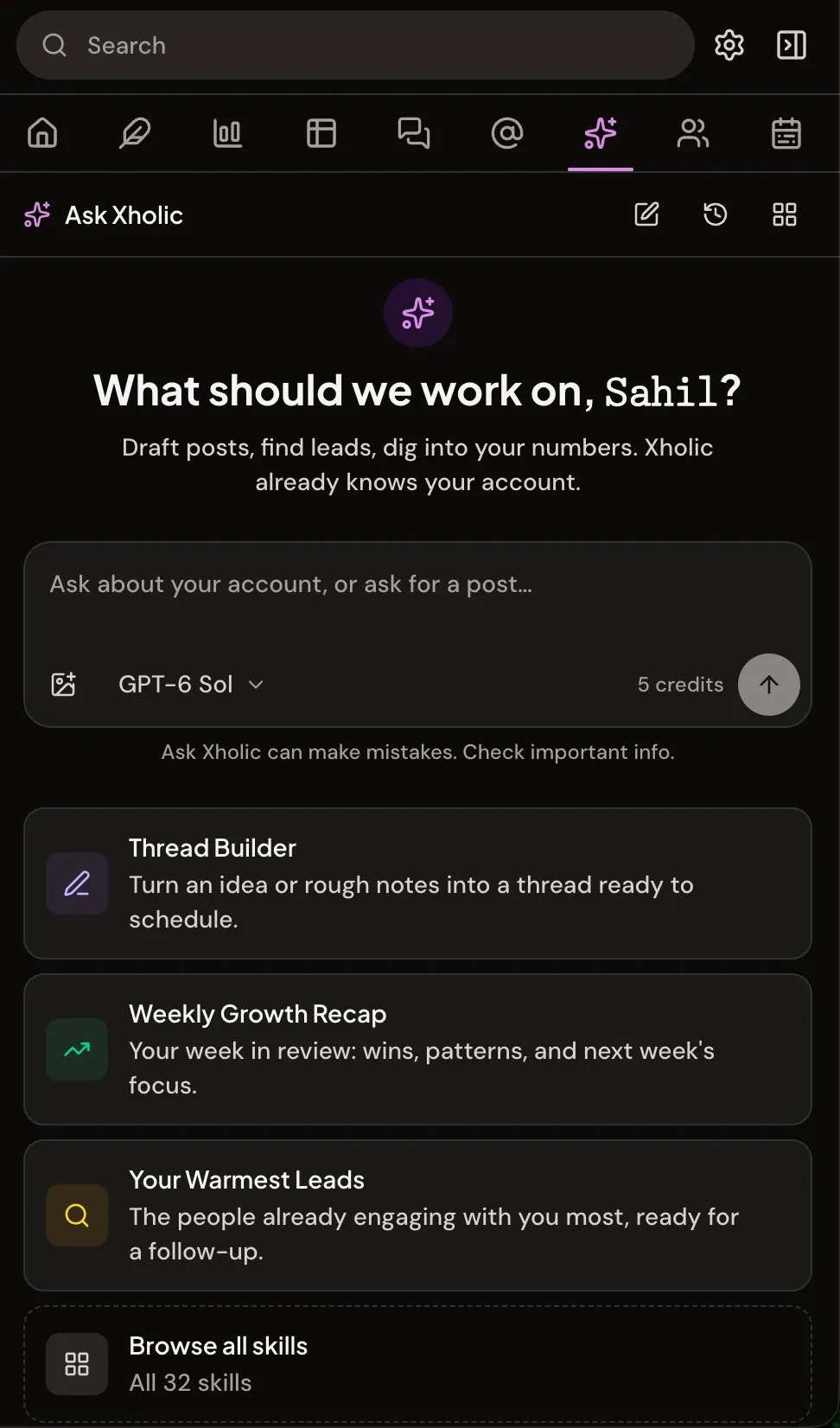 The Ask Xholic assistant with skills like Thread Builder and Weekly Growth Recap
