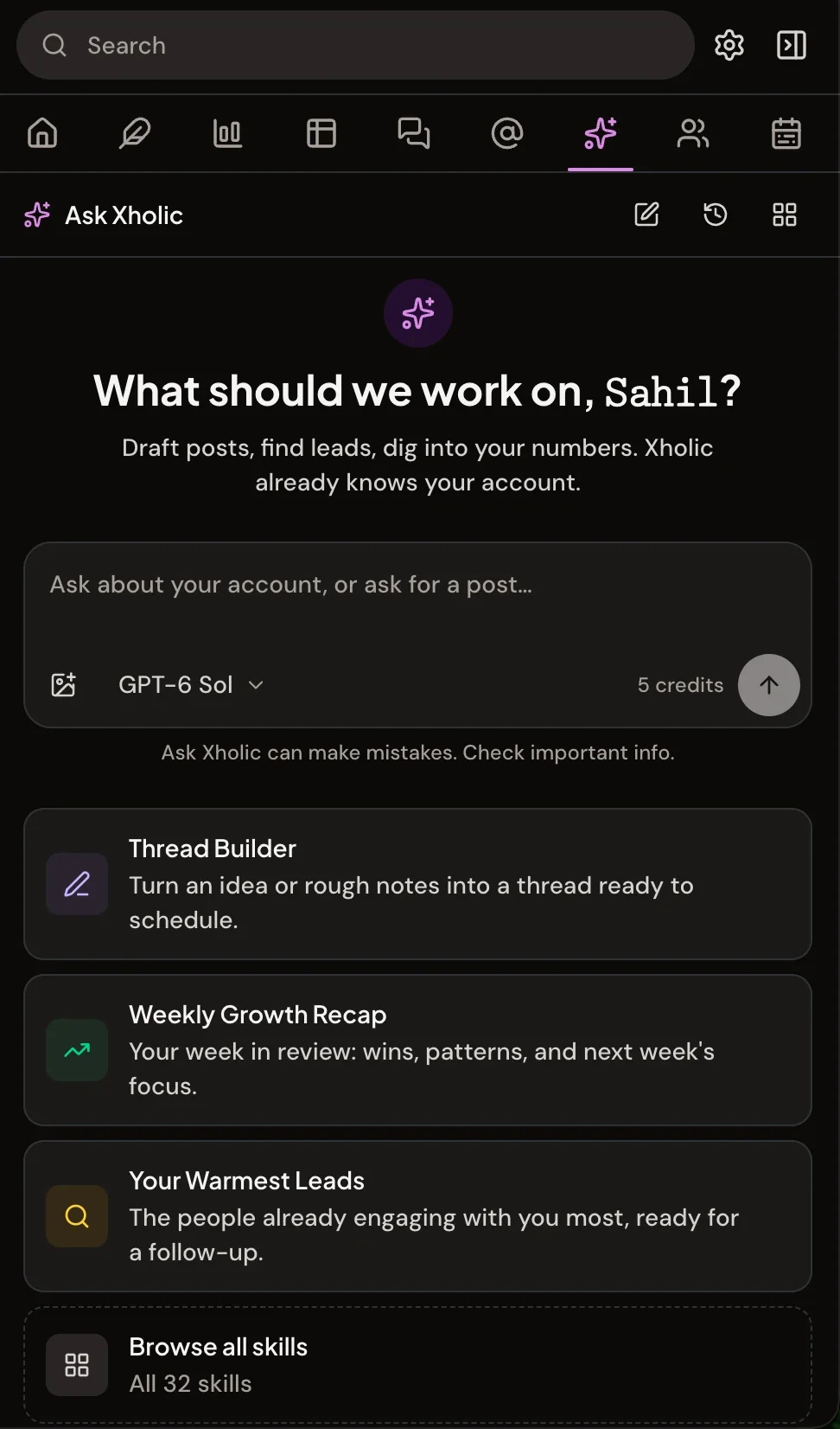 Ask Xholic chat inside the extension panel