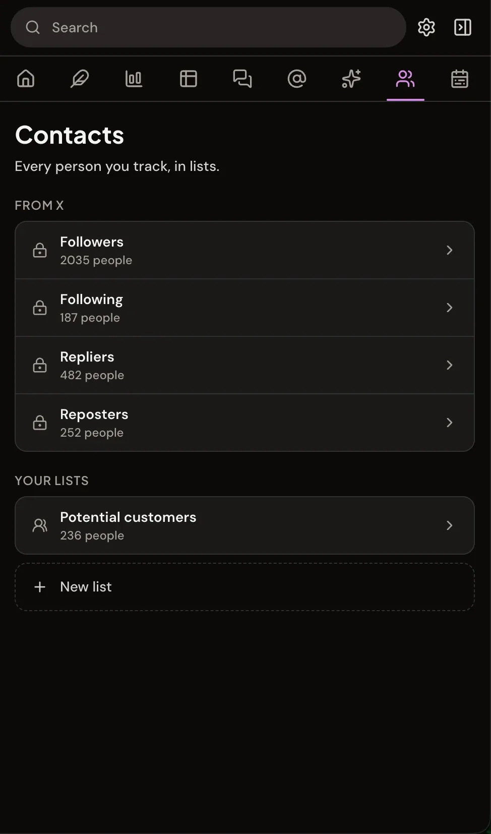 Xholic Contacts with followers, following, repliers, reposters, and custom lists