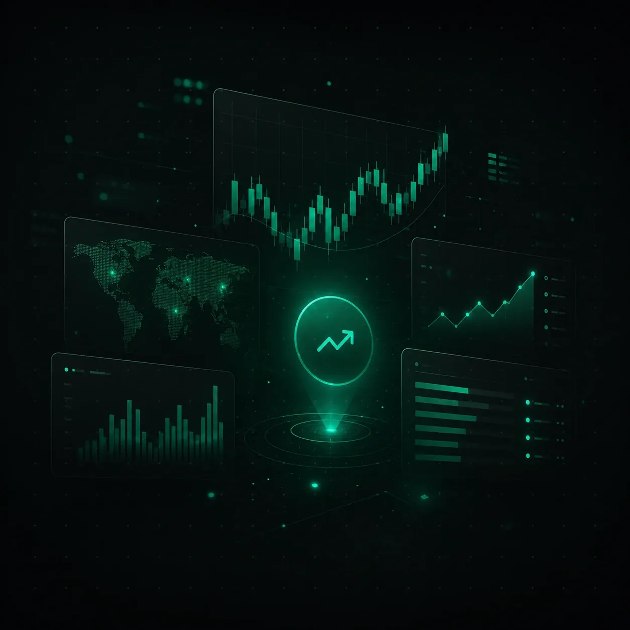 Market analysis dashboard with charts, signals, and emerald trading visuals.