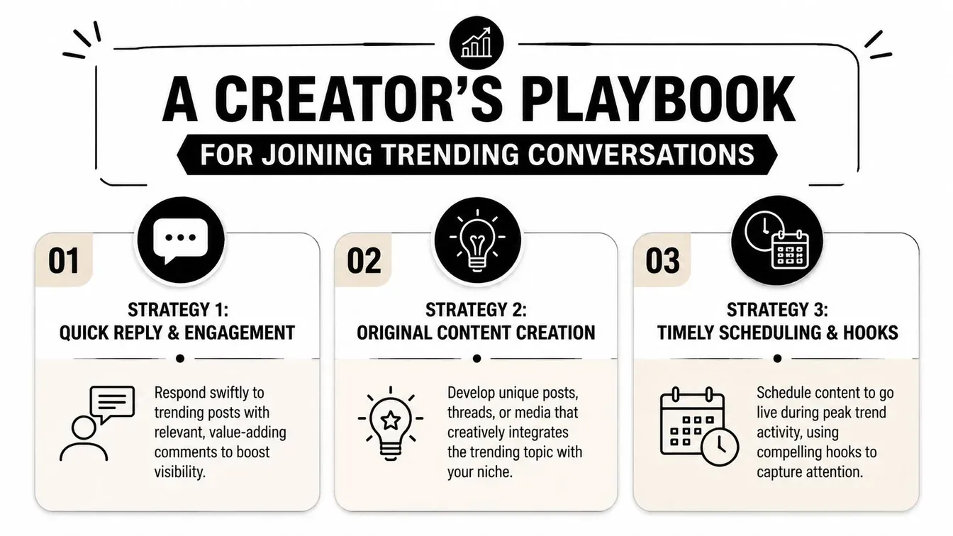 A creator's playbook infographic outlining three essential strategies for effectively joining trending online social media conversations.