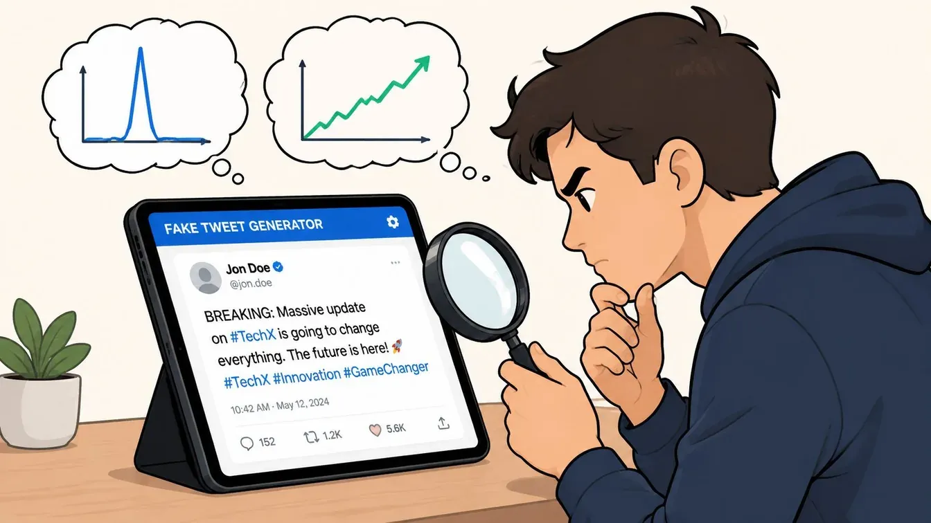An illustration of a young man using a magnifying glass to inspect a fake tweet generator app.