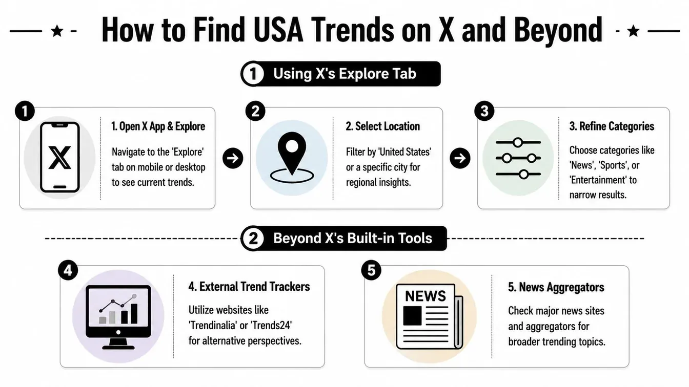 A five-step infographic showing how to find trends in the USA on X and other platforms.
