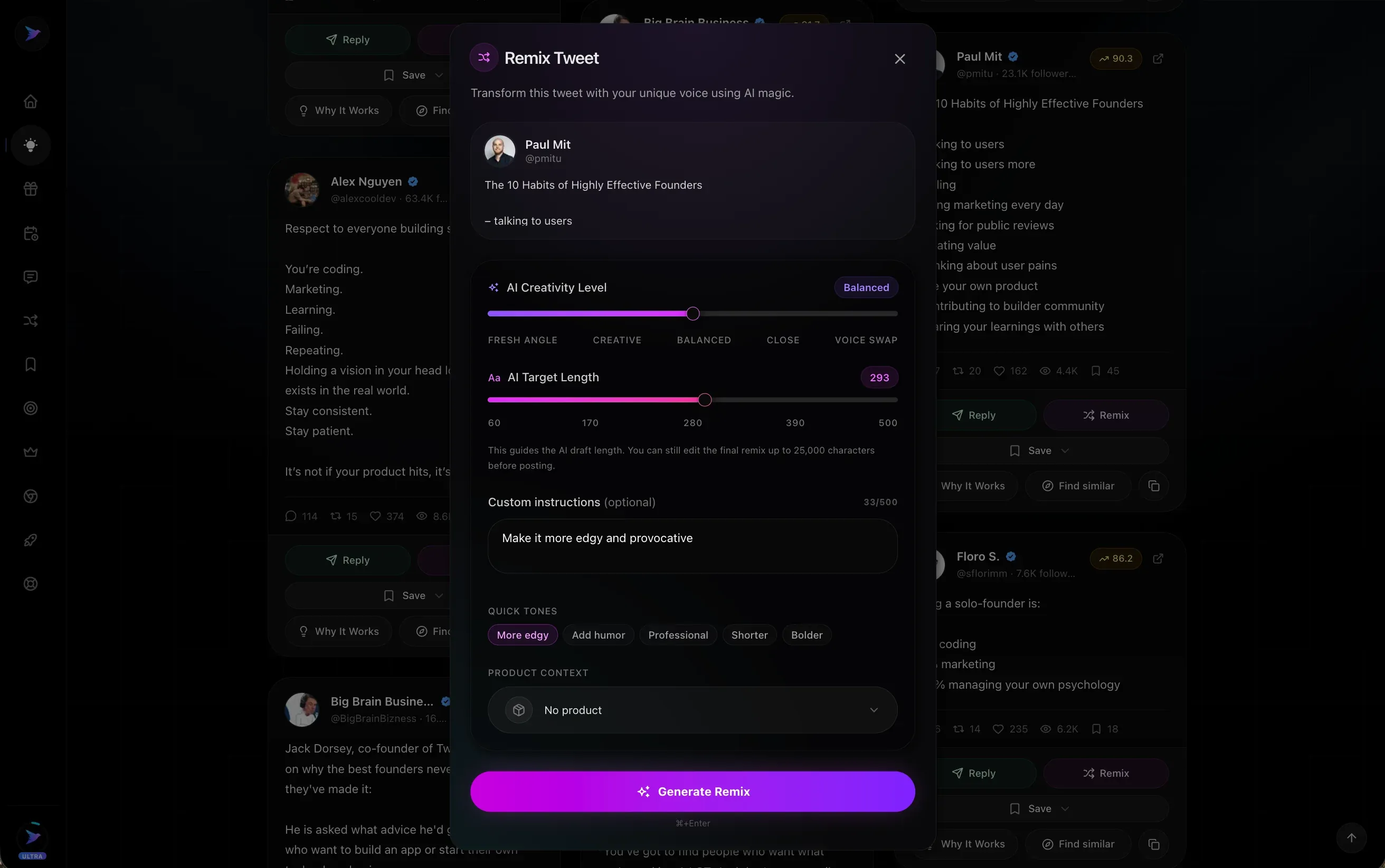 Xholic AI tweet remixer preview.