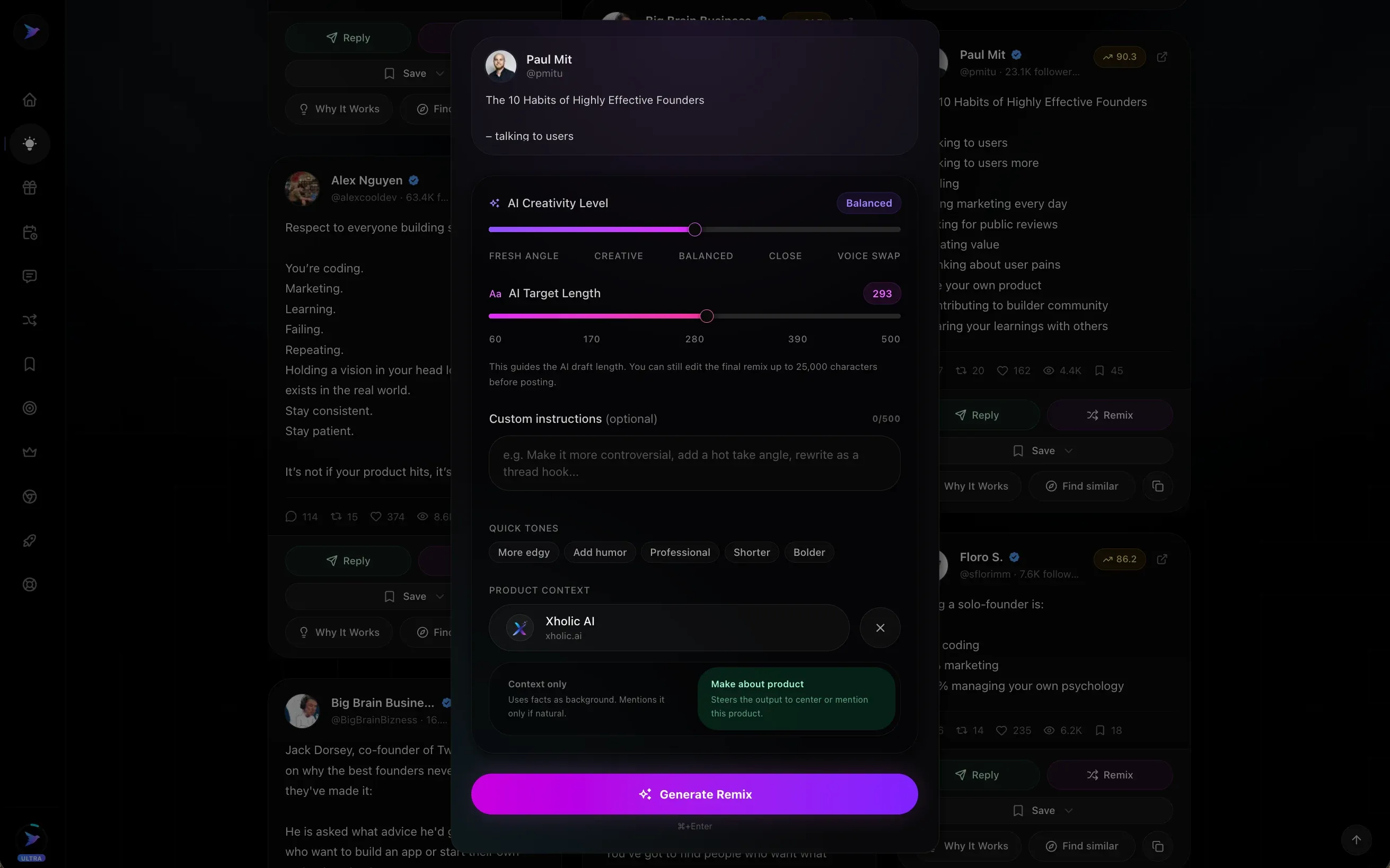 Xholic AI tweet remixer with product context preview.