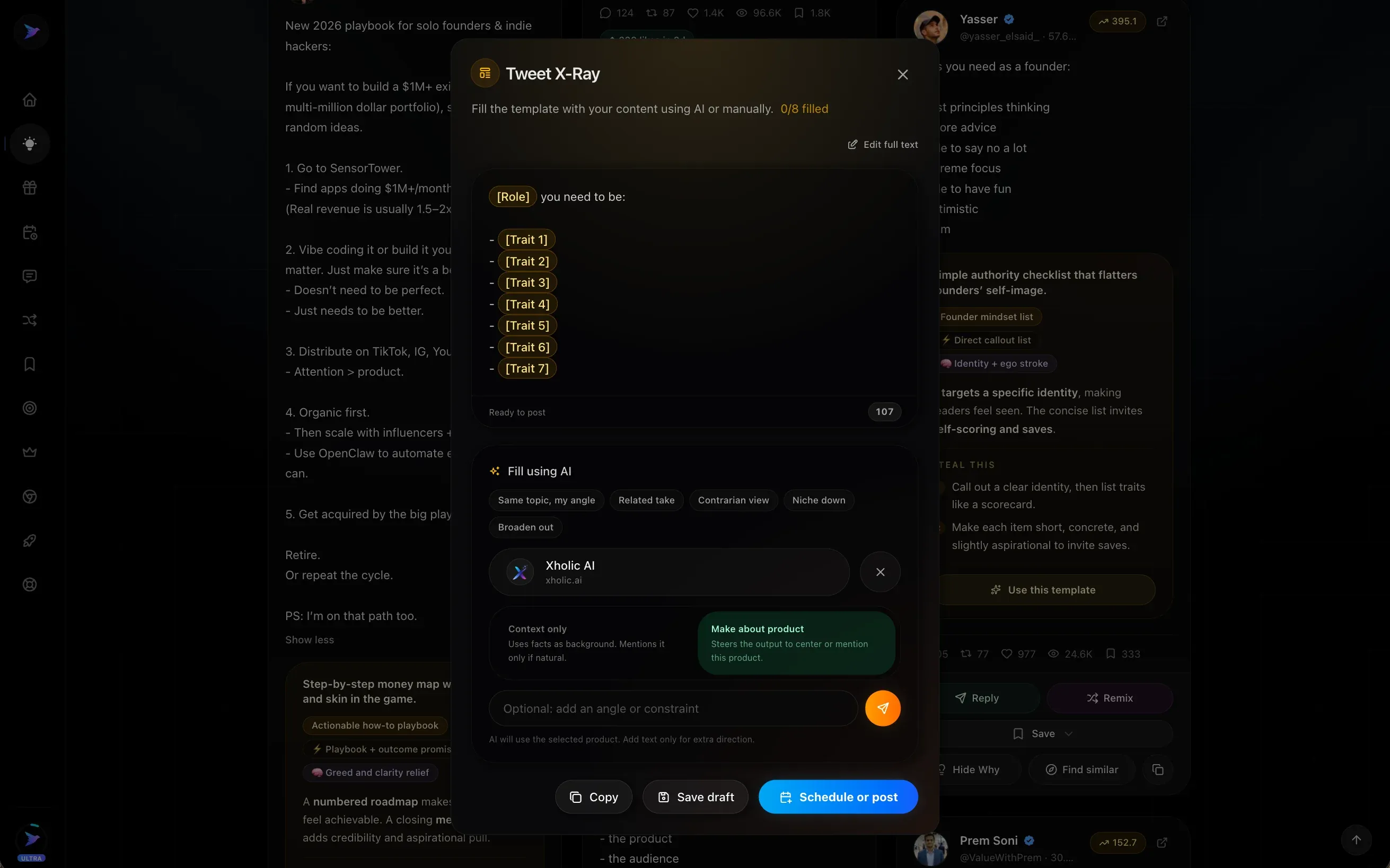 Xholic AI tweet X-ray with product context preview.