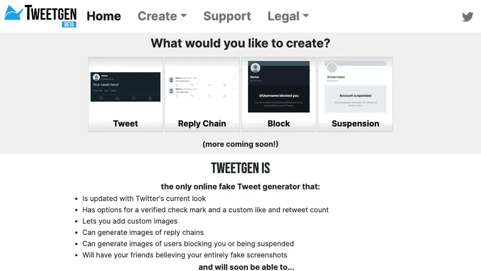 Tweetgen fake tweet and Twitter screenshot generator page