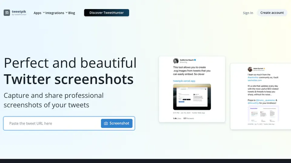 TweetPik by Tweet Hunter tweet screenshot tool page