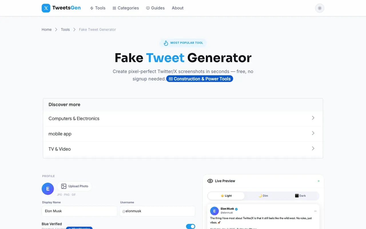 TweetsGen fake tweet generator page with profile controls and live preview