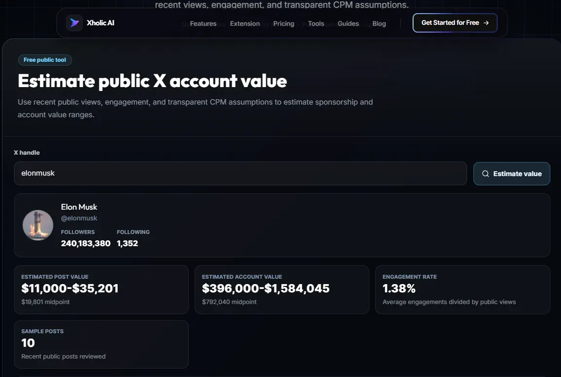 Twitter Account Worth Calculator result screen showing estimated public X account value.
