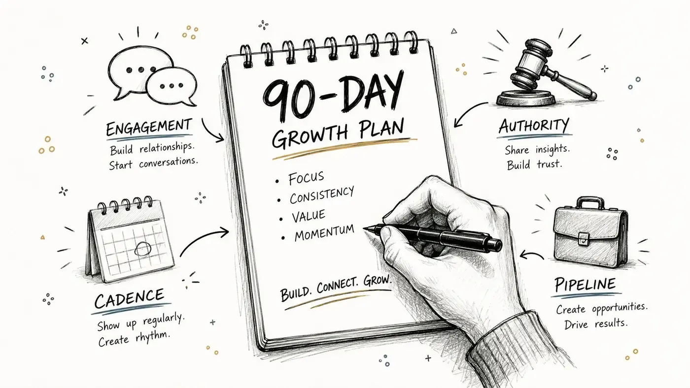 A hand-drawn illustration depicting a 90-day growth plan with icons for engagement, authority, cadence, and pipeline.