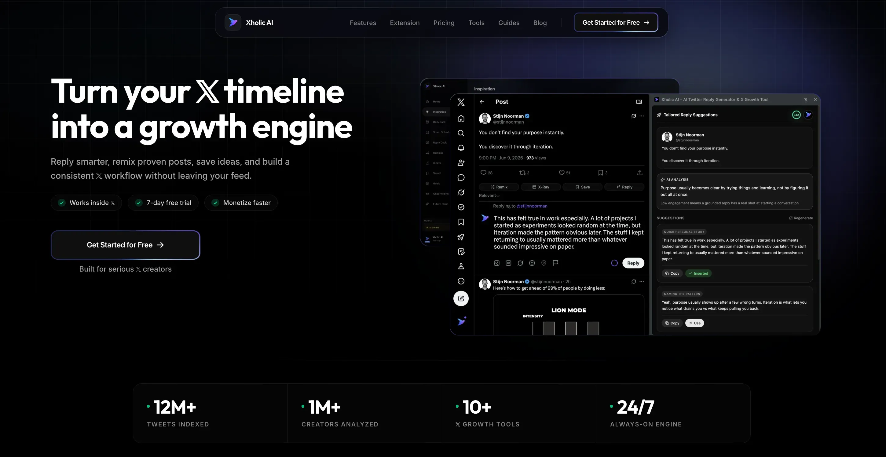 Screenshot from Xholic AI showing an AI growth workflow for Twitter advanced search research.