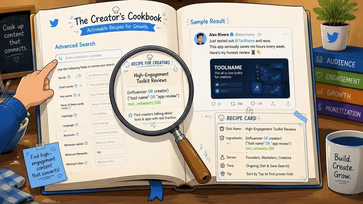An illustrated open book showing Twitter advanced search tips for creators to find high-engagement content and reviews.