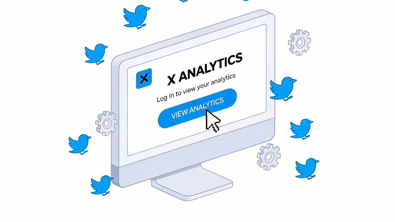 A computer screen displaying an X Analytics login prompt with floating blue bird icons and mechanical gears.