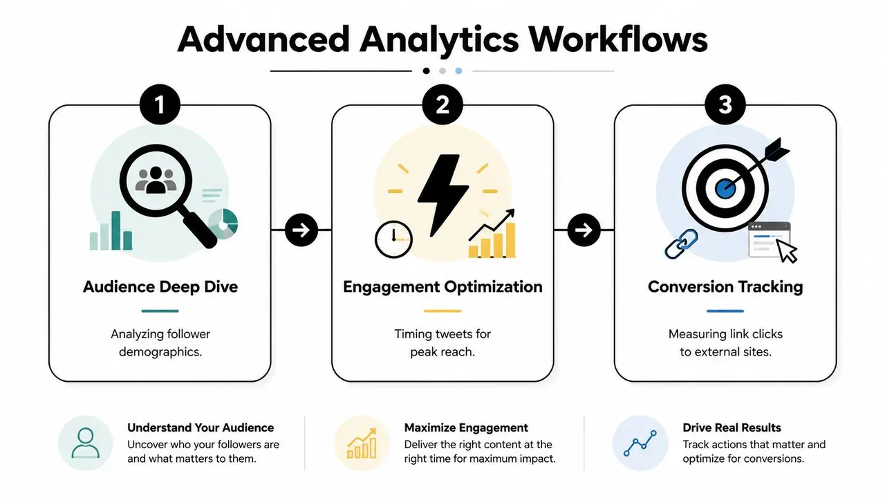 A three-step infographic showing advanced Twitter analytics workflows including audience deep dive, engagement optimization, and conversion tracking.