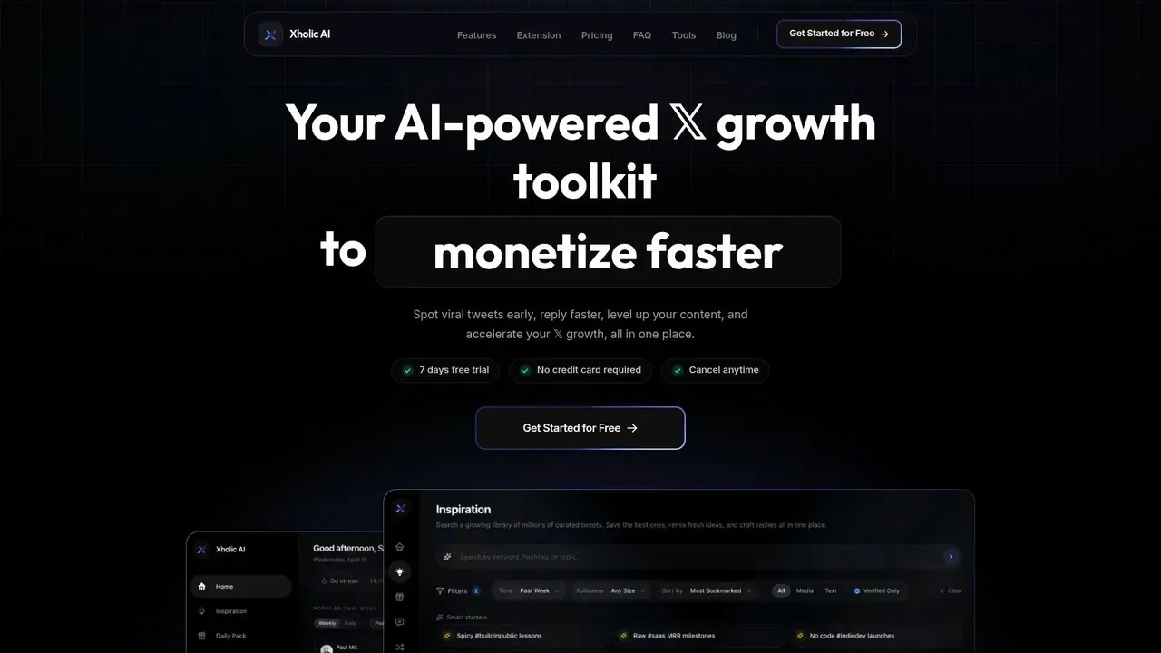 Xholic AI dashboard screenshot showing an AI-powered Twitter analytics and growth workflow.