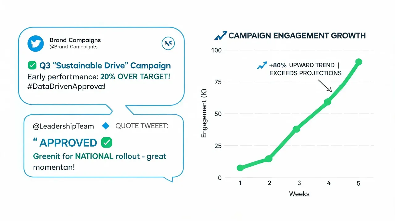 A marketing dashboard showing a Twitter campaign update alongside an upward trend chart of engagement growth.