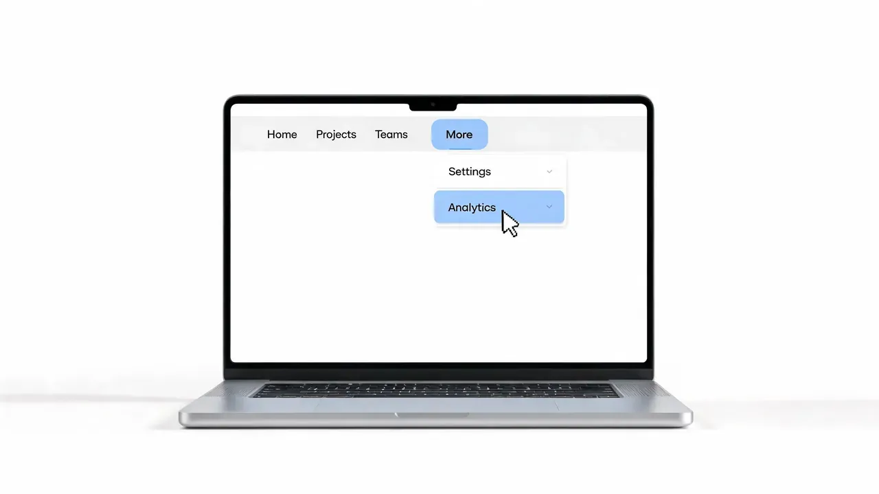 A laptop screen displaying a web navigation menu with the Analytics option highlighted by a cursor.