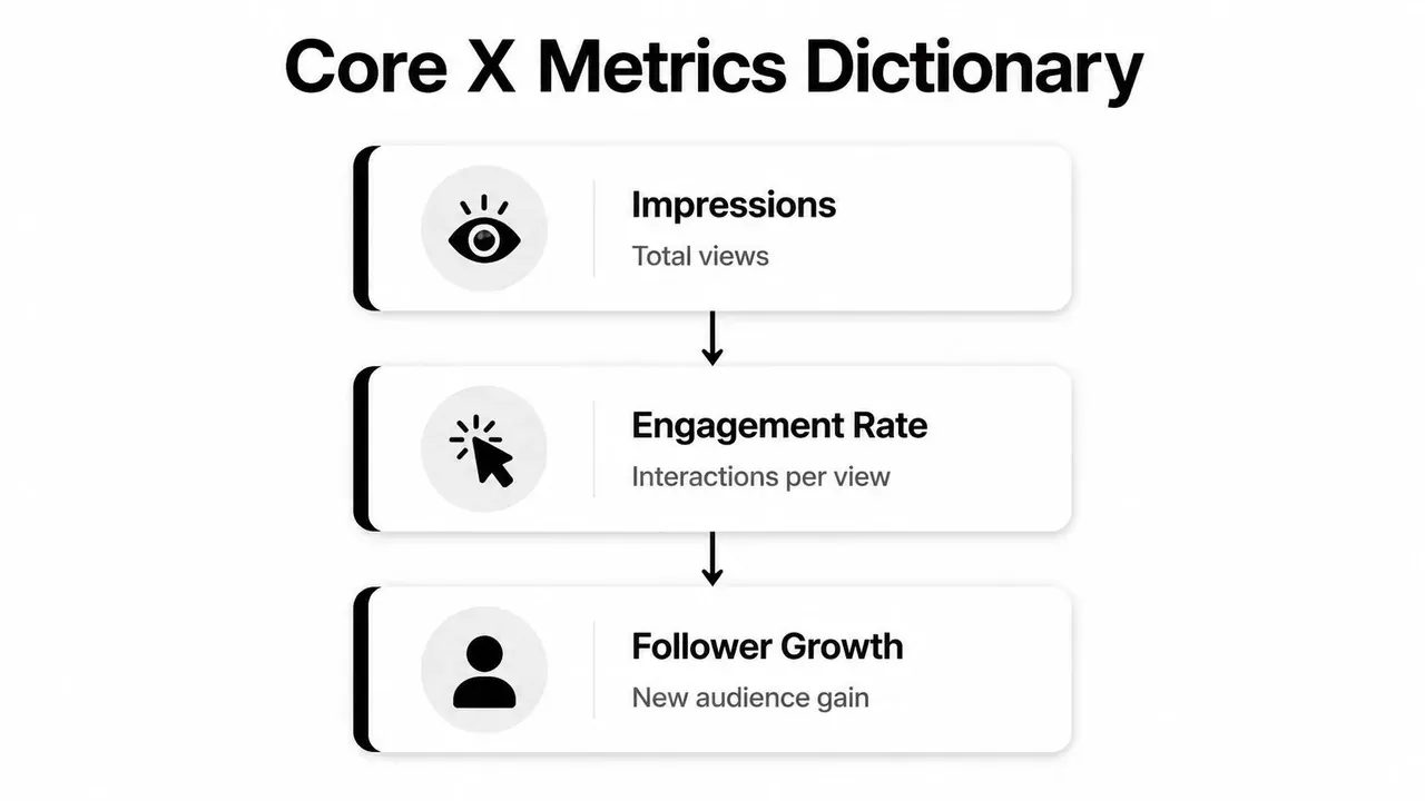 A diagram titled Core X Metrics Dictionary displaying three key social media performance indicators with their definitions.