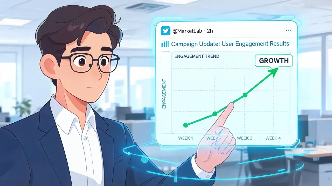 An anime style businessman pointing at a holographic digital chart showing positive user engagement growth on Twitter.