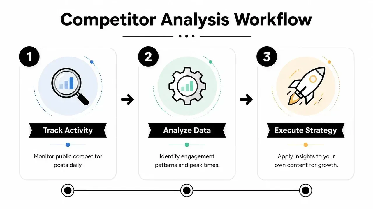 A three-step infographic showing a competitor analysis workflow for tracking, analyzing, and executing marketing strategy.