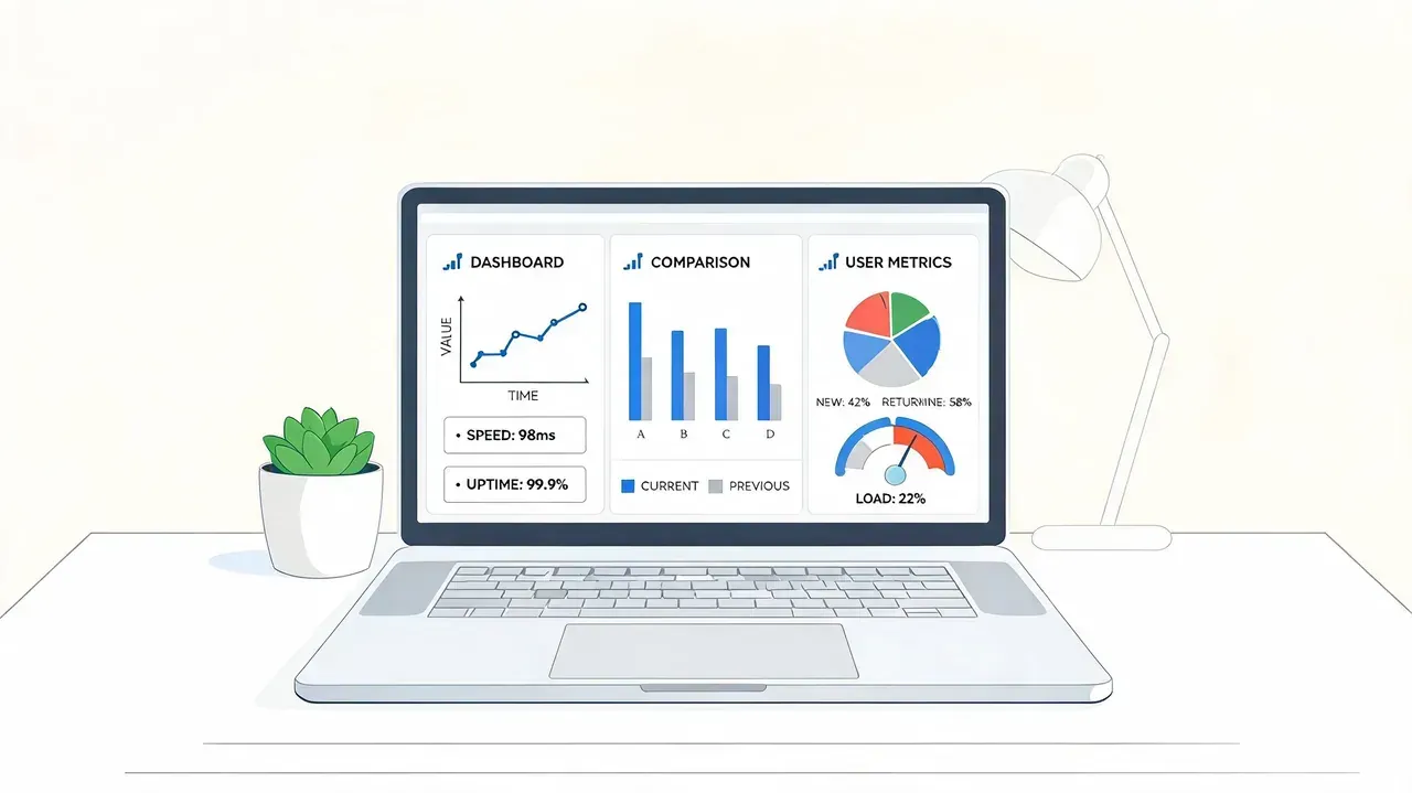 A clean, modern laptop screen displaying business dashboard analytics including line graphs, bar charts, and performance metrics.