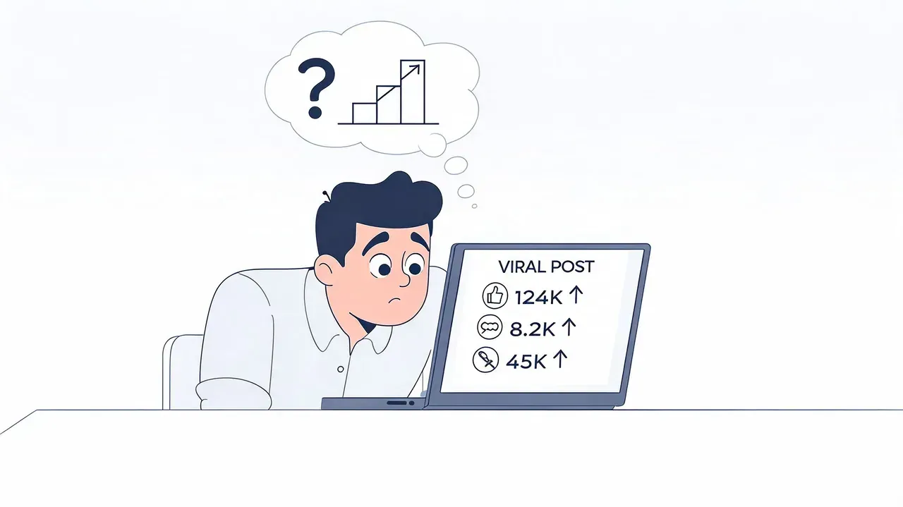 A confused person staring at a laptop screen displaying high engagement metrics for a viral social post.