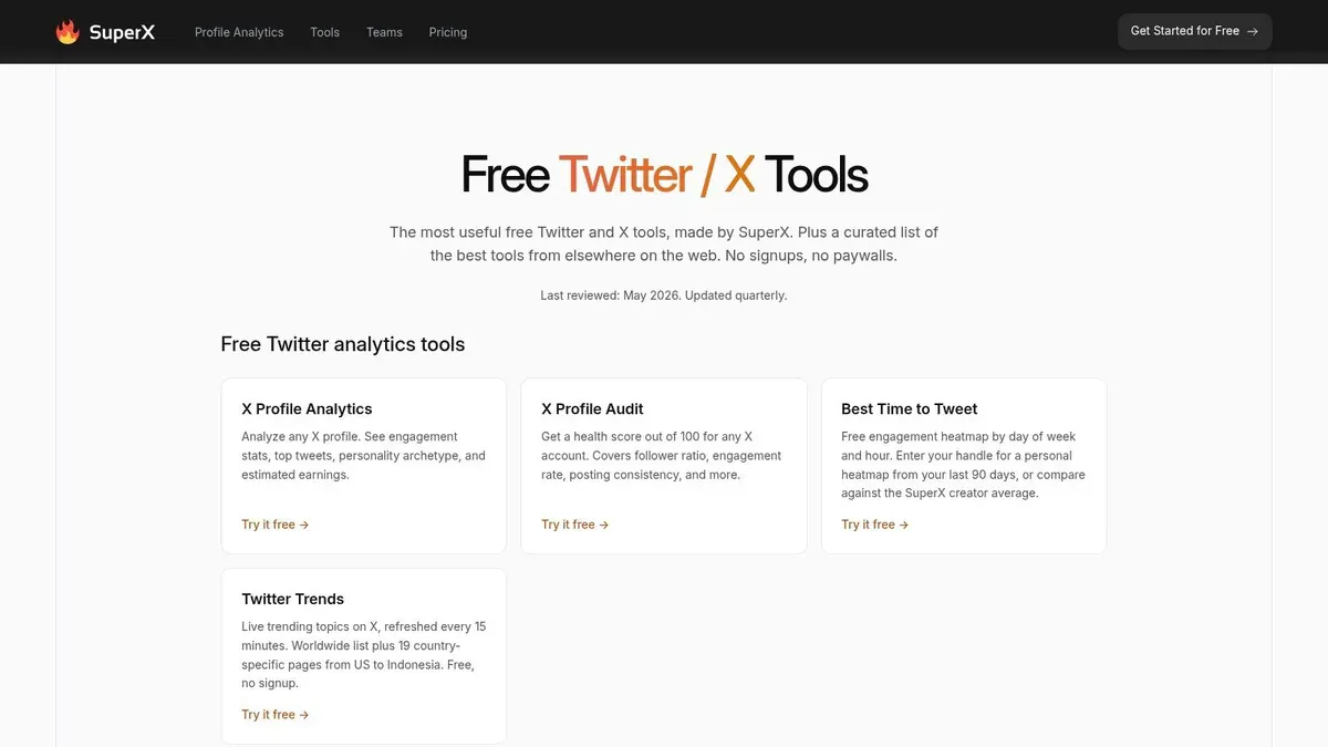 SuperX tools page for free X Twitter profile analytics