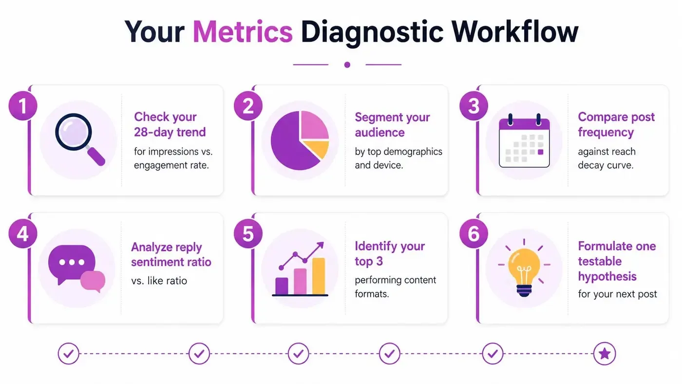 A six-step metrics diagnostic workflow for using Twitter analytics to improve content strategy.