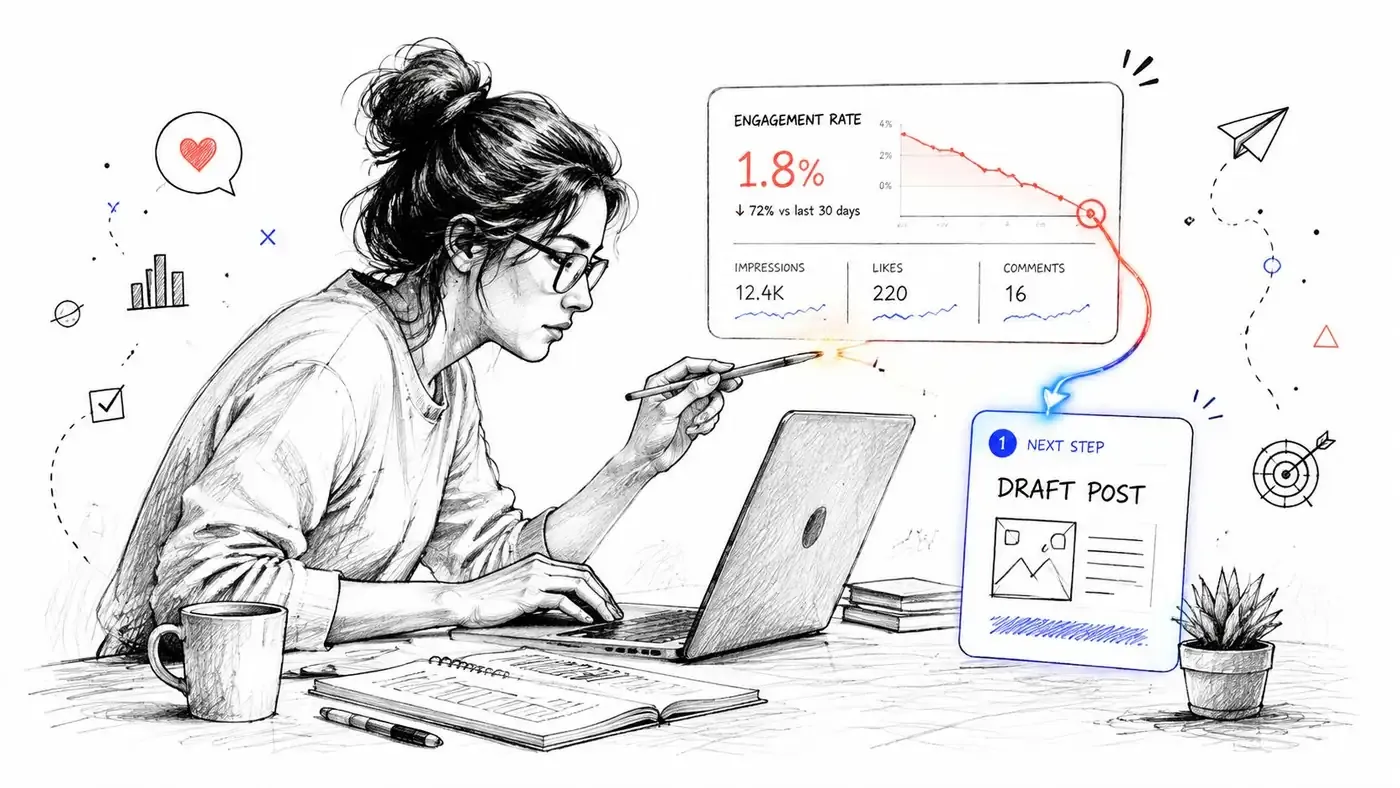 A woman sketching social media data visualizations while working on a laptop.