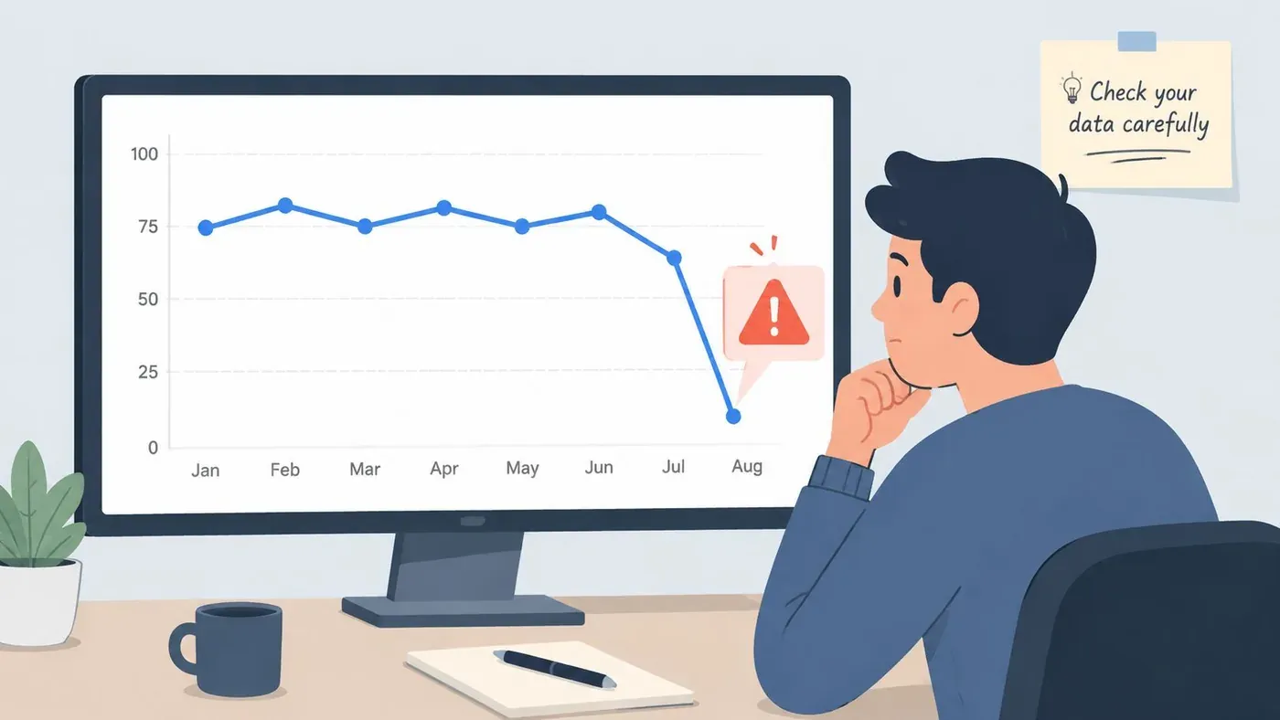 A man observing a sharp decline in data displayed on his computer screen with an alert icon.