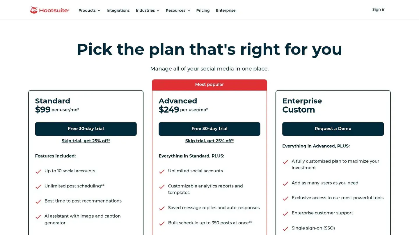 Hootsuite pricing plans page for social publishing and automation.