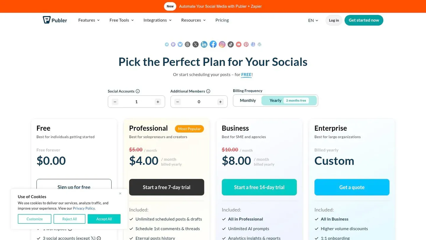 Publer pricing page for content recycling, bulk uploads, and Twitter automation.