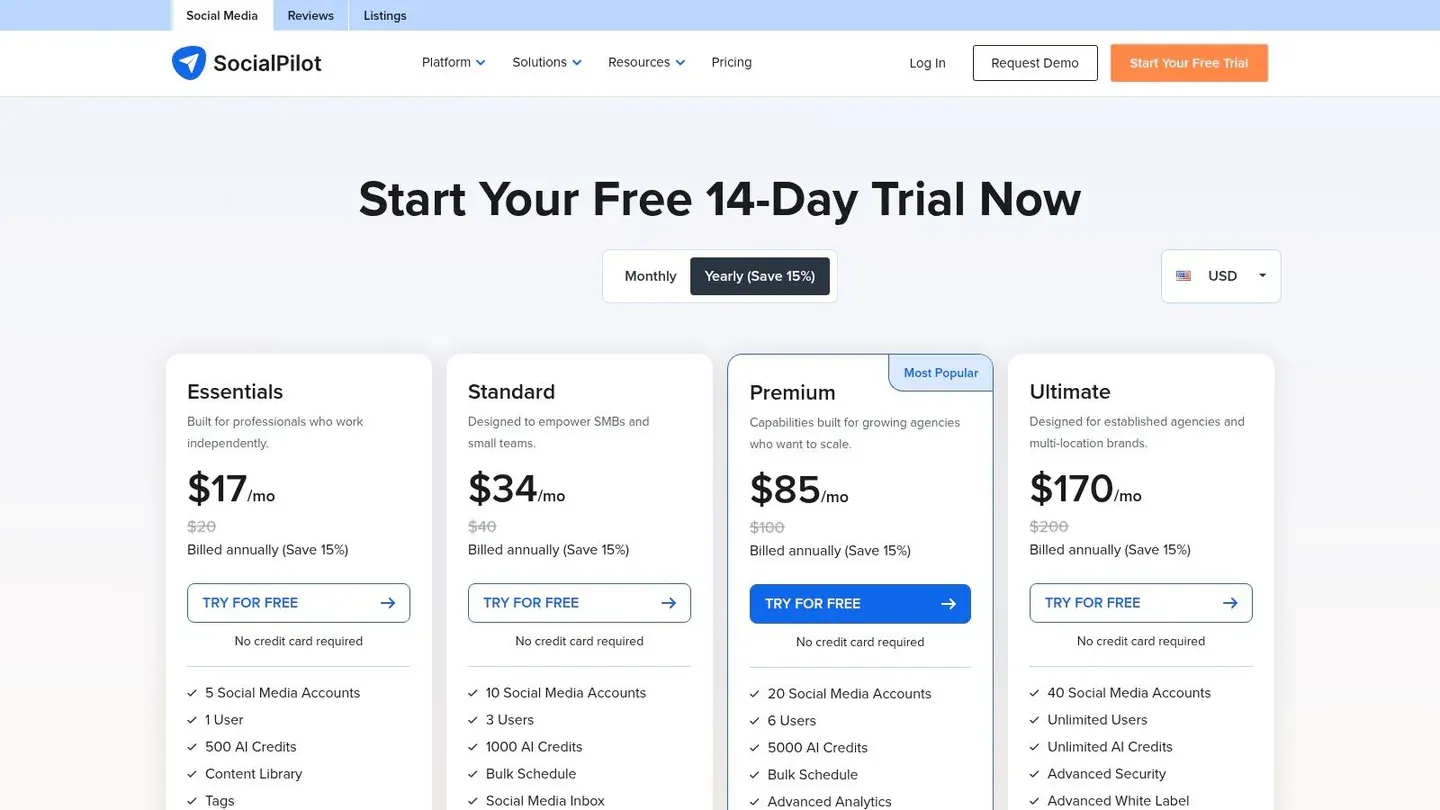 SocialPilot pricing page for social media publishing and agency workflows.