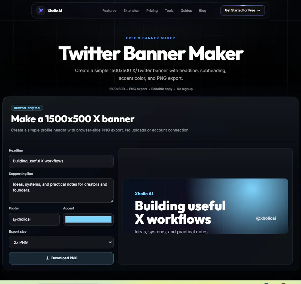 Twitter Banner Maker interface with 1500x500 banner controls.