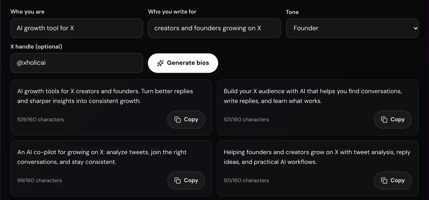Twitter Bio Generator with AI growth tool for X, creators and founders growing on X, the Founder tone and @xholicai entered, showing four of the eight drafts that mention tweet analysis, reply ideas and staying consistent.