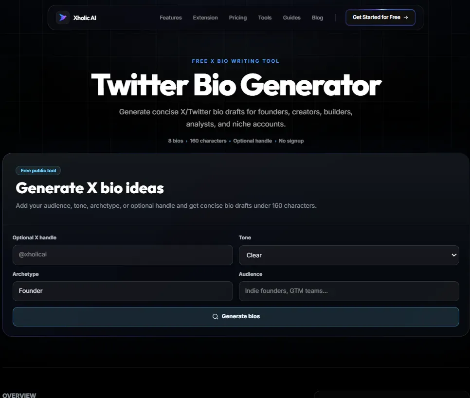 Twitter Bio Generator interface for generating X bio ideas.
