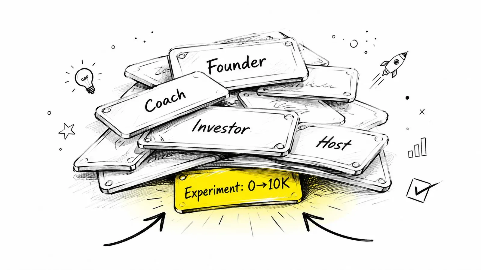A hand-drawn illustration showing a stack of cards with labels like Founder, Coach, Investor, and Host.