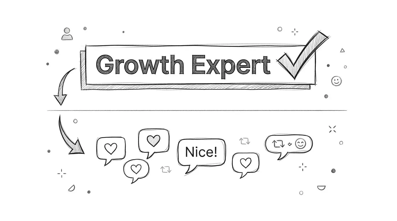 A hand-drawn illustration showing a Growth Expert label with a checkmark and various social media engagement icons.