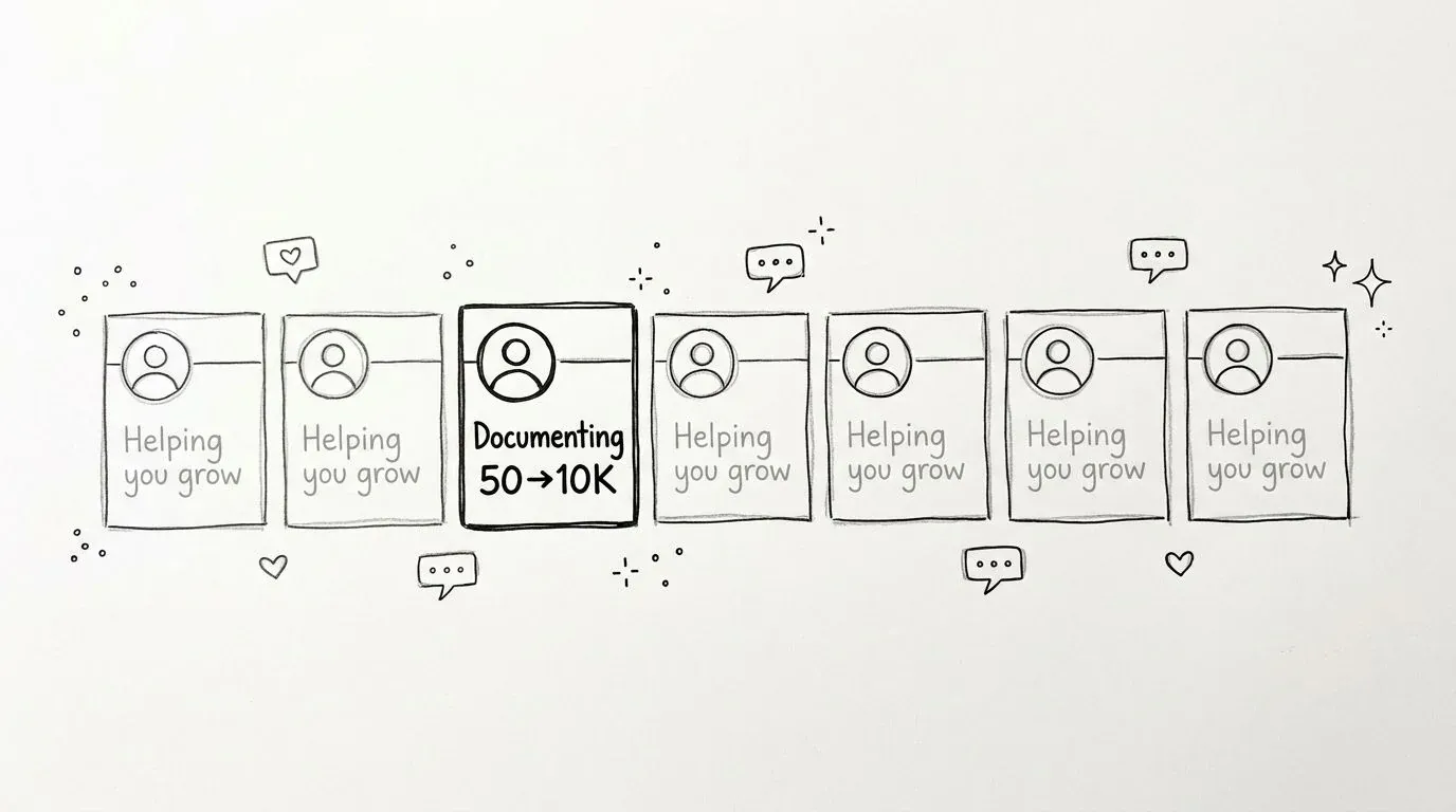 A hand-drawn sketch of seven profile cards featuring a central card labeled Documenting 50 to 10K.