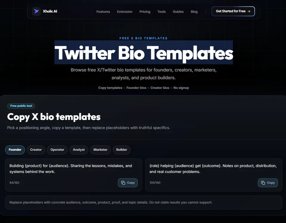 Twitter Bio Templates interface showing reusable bio frameworks.