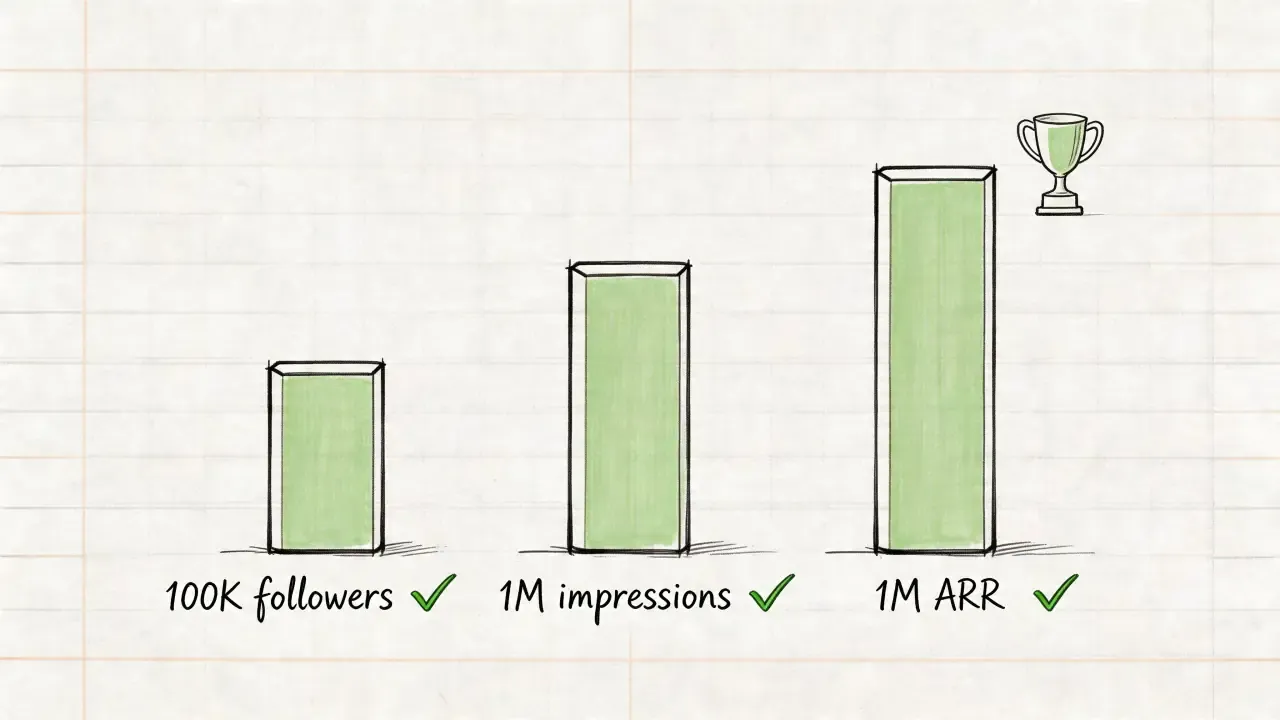A hand-drawn bar chart showing growth milestones from 100K followers and 1M impressions to 1M ARR.
