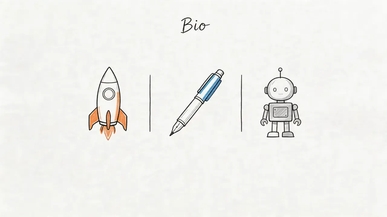 A hand-drawn illustration showing a rocket, a pen, and a small robot, symbolizing creative biography concepts.