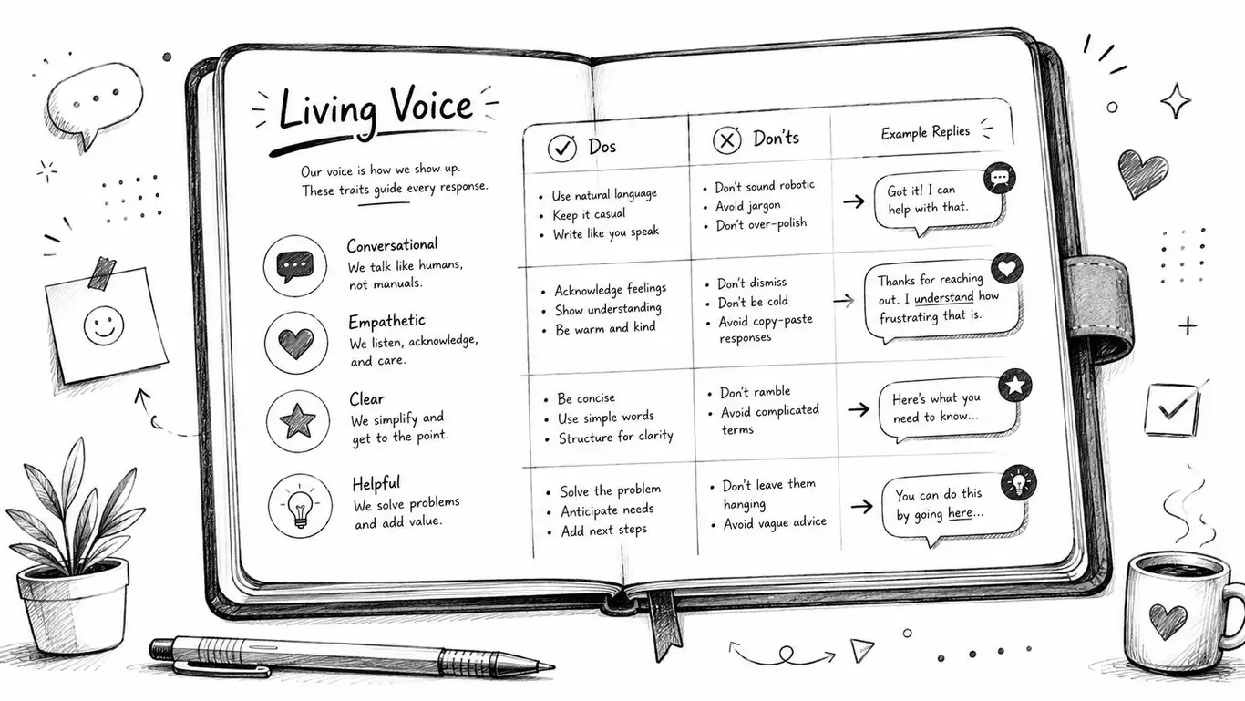 A hand-drawn guide for a brand's living voice, outlining conversational, empathetic, clear, and helpful communication principles.