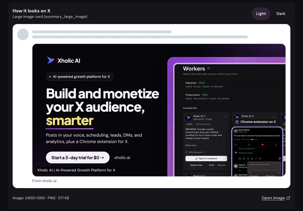 The validator’s “How it looks on X” panel in Light mode for xholic.ai: a white post with a wide card image, the title “Xholic AI | AI-Powered Growth Platform for X” on the image and “From xholic.ai” below, then the image facts 2400×1260, PNG, 571 KB.