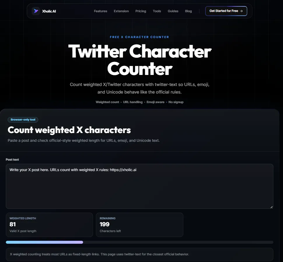 Twitter Character Counter interface showing weighted X character count.
