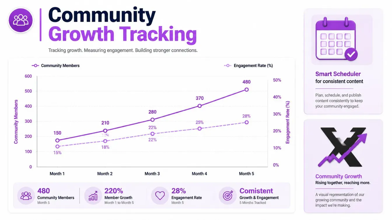 A chart showing consistent growth in community members and engagement rates over a five month period.