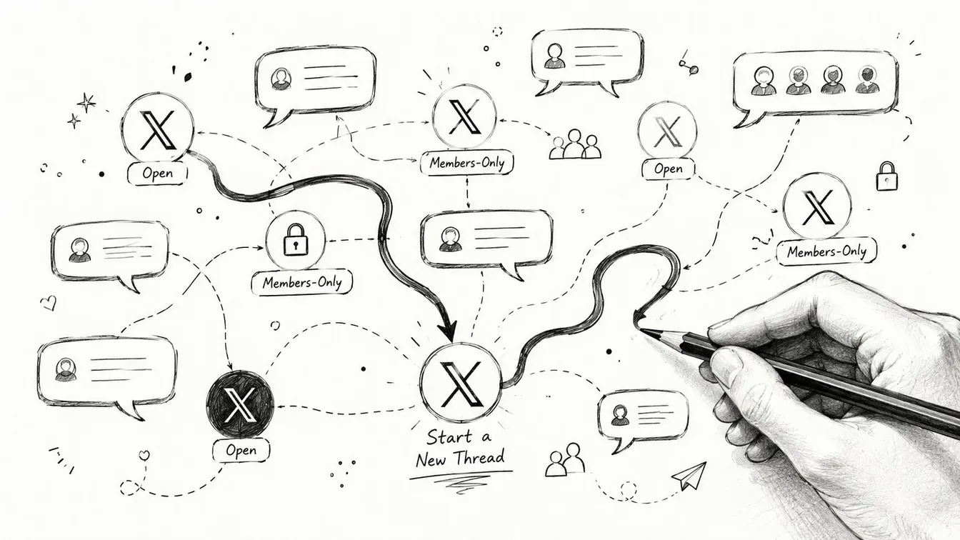 A hand-drawn sketch illustration showing a flow chart about starting new threads on the X platform.