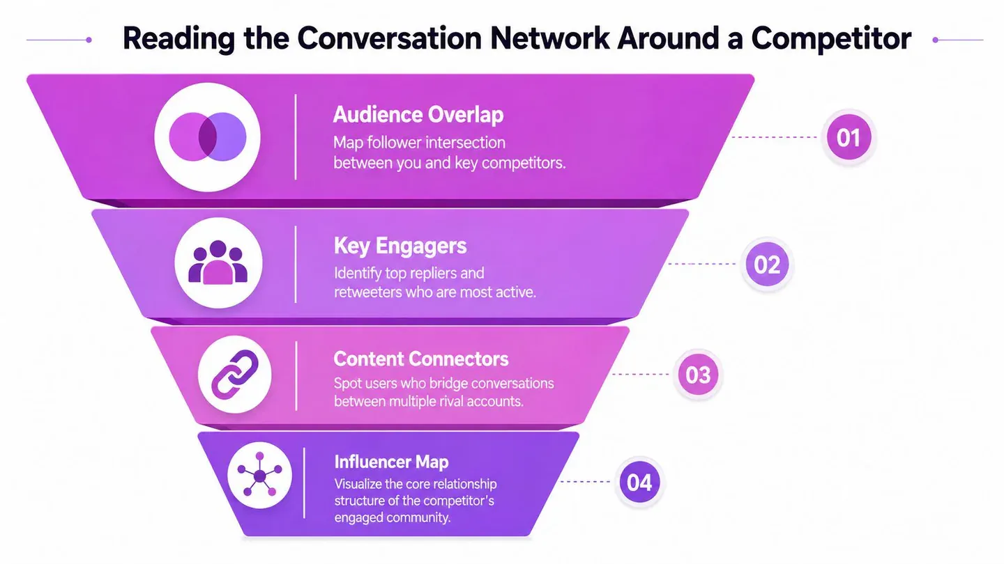 A funnel diagram illustrating four key steps for conducting a comprehensive social media competitor conversation network analysis.