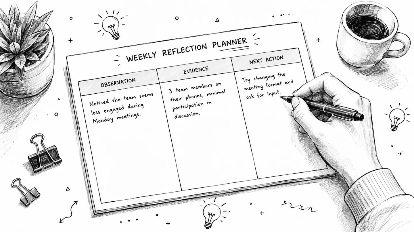 A hand writes on a Weekly Reflection Planner sheet, documenting meeting engagement issues and potential improvement strategies.